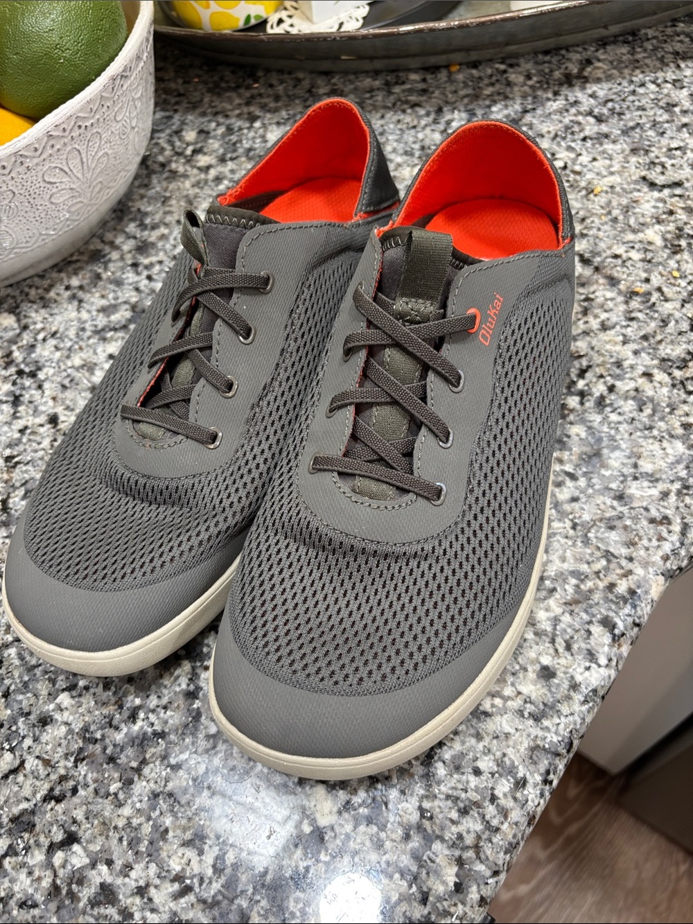 OluKai Men's Gray Mesh slip on  Sneakers with Orange Interior